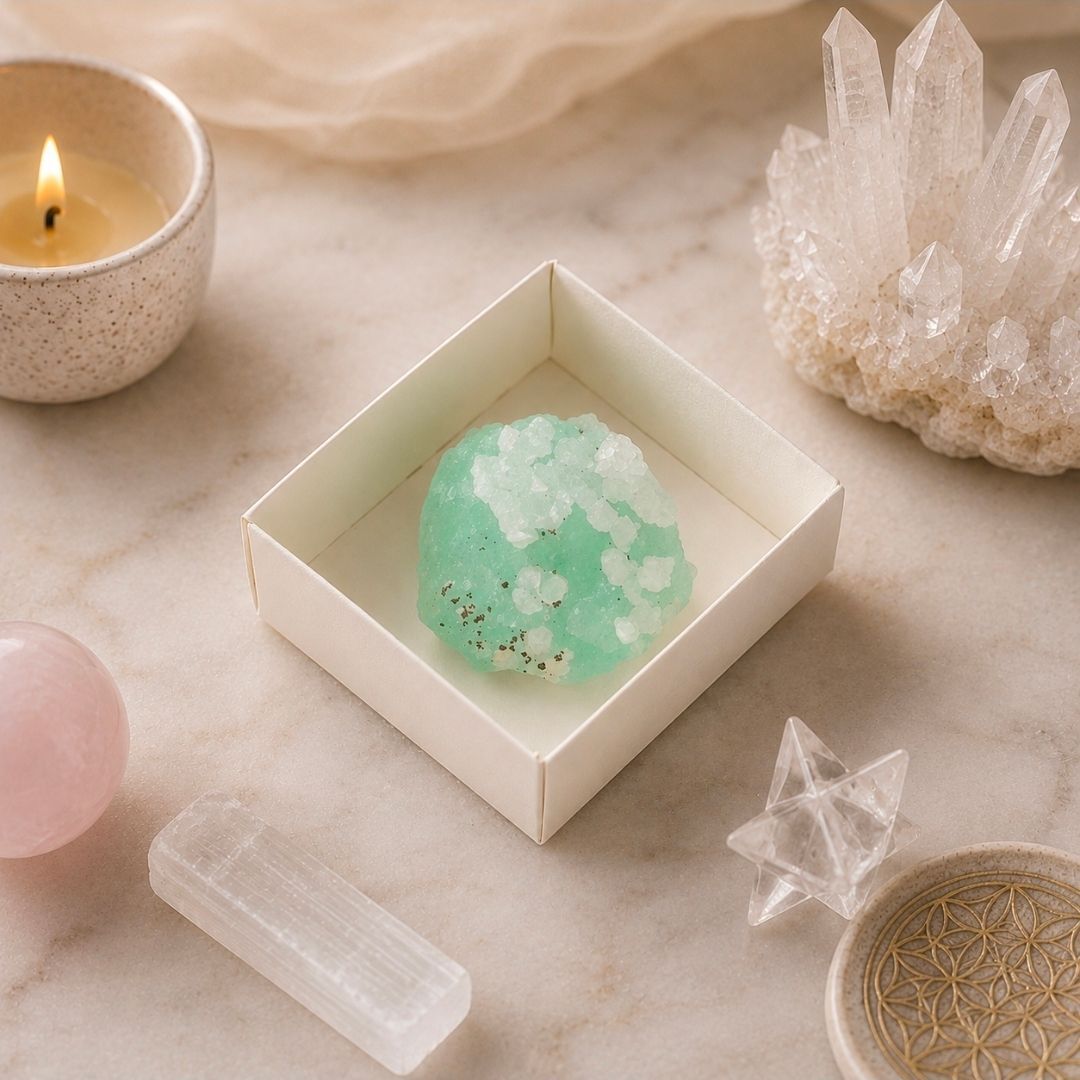 Zachtbeige tafelblad met een brandende kaars, een kristallen cluster, een zeepbakje en een pastelgroen stenen dienblad.