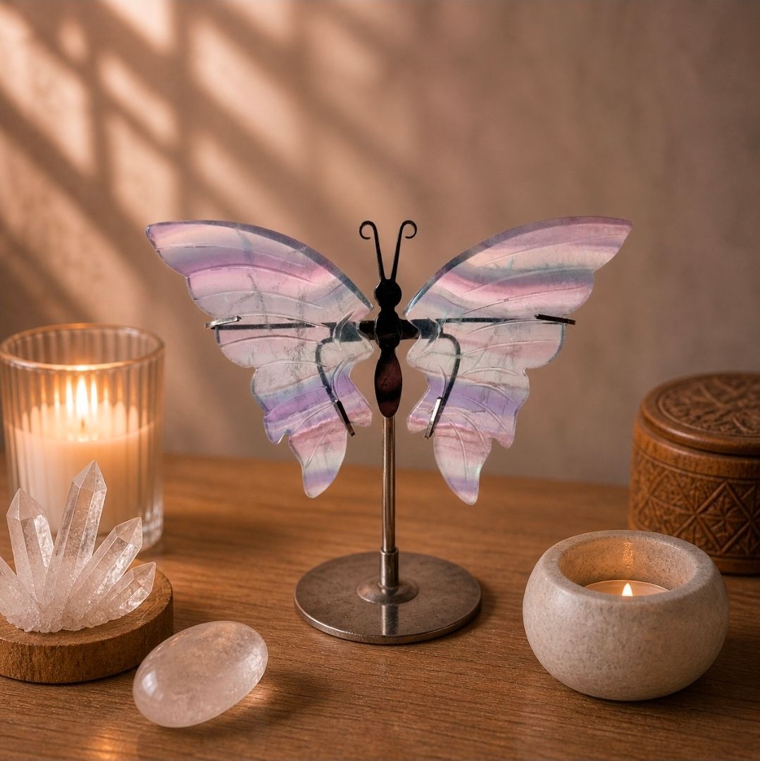 Pastelkleurig vlinderornament op een standaard met kaarsen en een kristal op een houten tafel.
