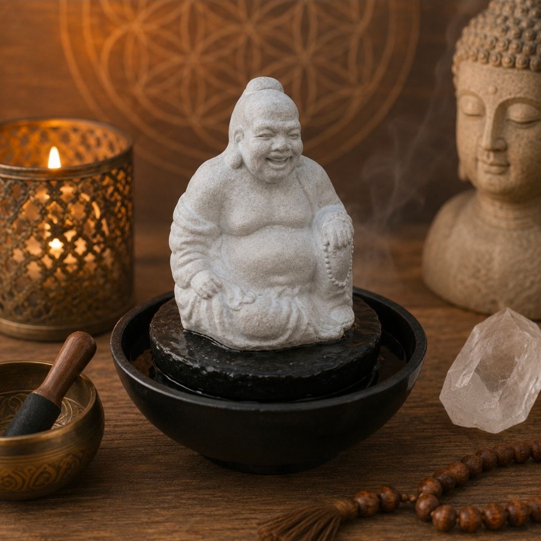 Een Boeddhabeeld op een zwarte kom met kaarslicht, wierook en kristallen in een warme meditatieomgeving.