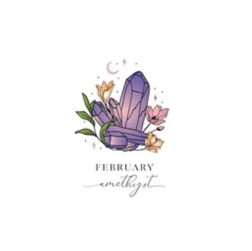 Paarse kristal met bloemen en een halve maan, met het opschrift "Februari" en daaronder "verlichten".