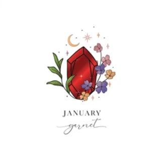 Illustratie van de geboortesteen van januari met een rode granaatkristal en bloemen op een witte achtergrond.