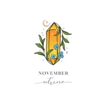Illustratie voor het novembernummer met een geel kristal, bladeren, bloemen en een halve maan.