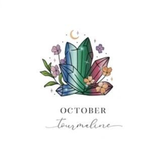 Kleurrijk kristallen boeket met bloemen en een halve maan boven het woord "oktober".