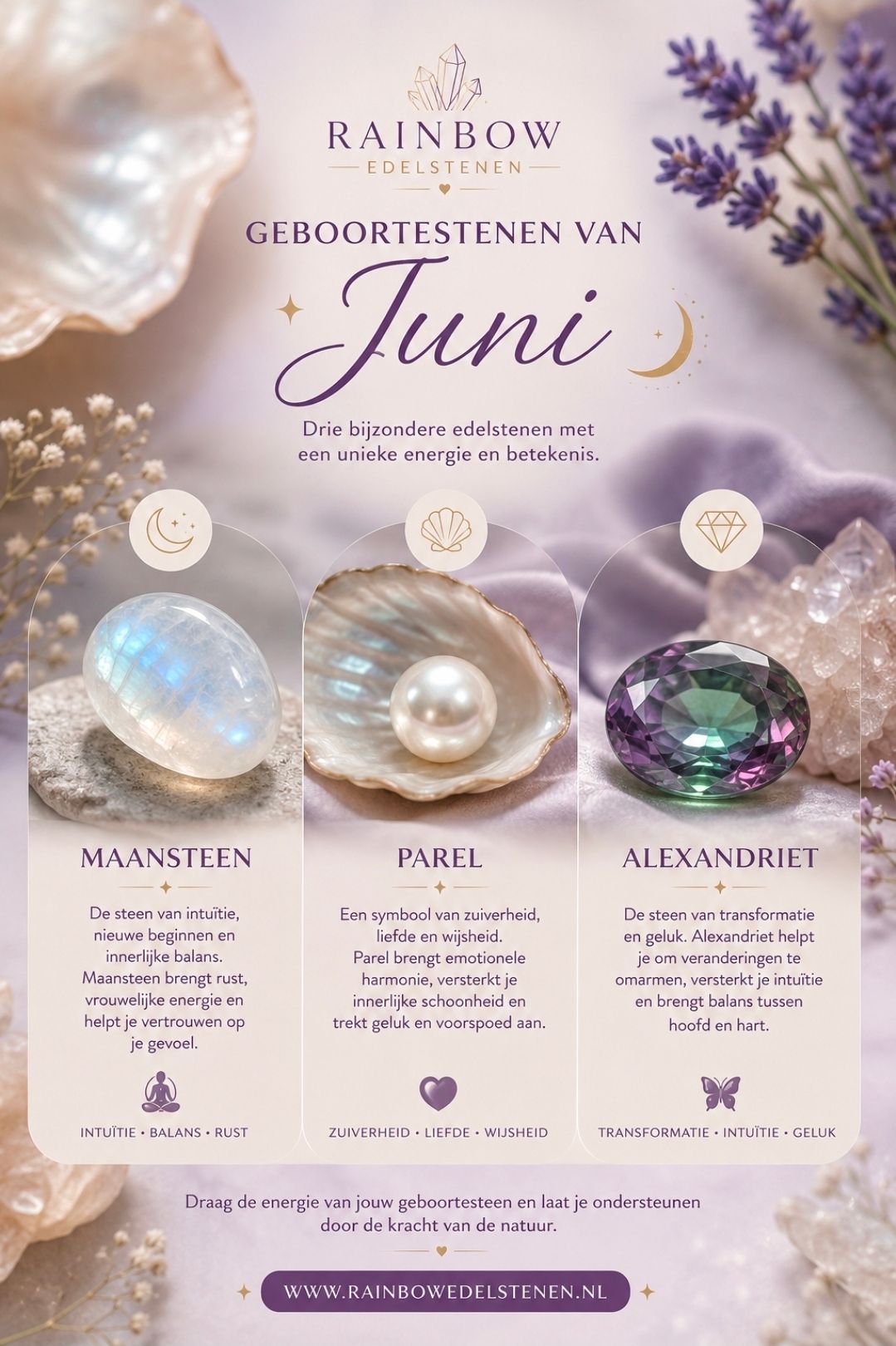 Juni geboortejuwelen poster met maansteen, parel en alexandriet in zachte lila tinten