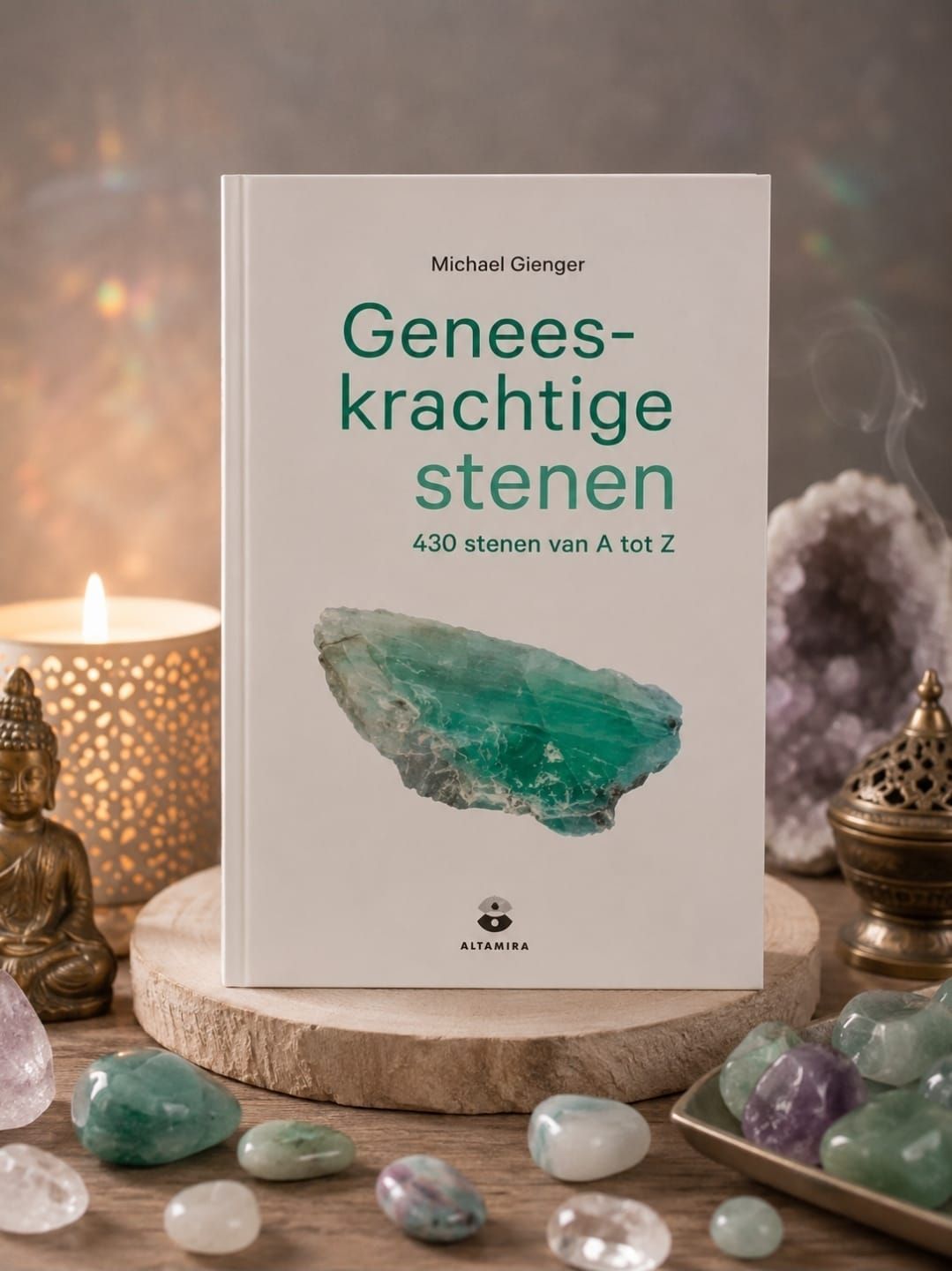 Book titled “Genees-krachtige stenen” beside crystals and a lit candle on a soft decorative surface