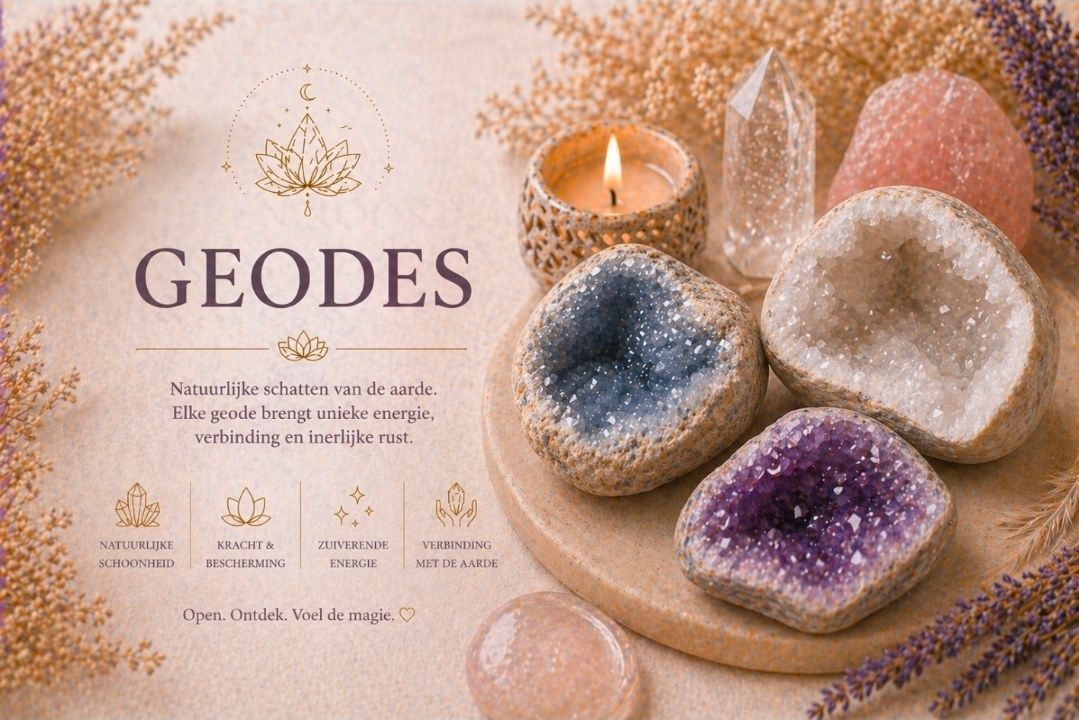 Geodes-kristallen in wit, blauw, paars en roze op een glinsterende beige achtergrond, met de tekst