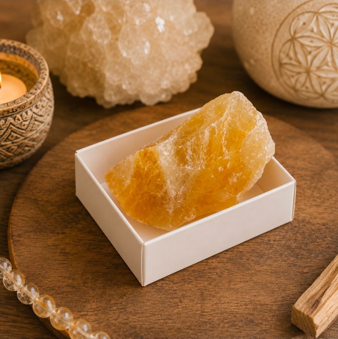 Amberkleurig kristal op een wit dienblad naast een brandende kaars en gesneden decoratieve objecten op een houten ondergrond.