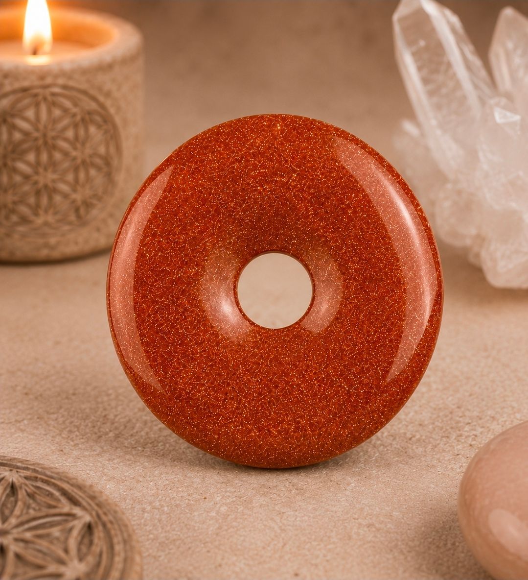 Sprankelende oranje, donutvormige kristallen hanger op een neutrale achtergrond met een kaars en heldere kwarts.