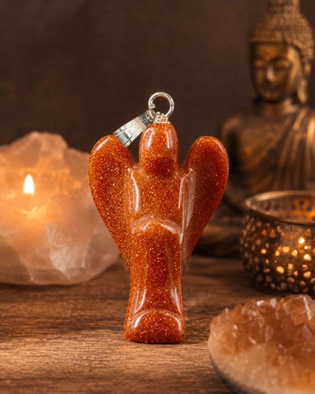 Oranje engelhanger op een sfeervol verlicht altaar met kaarsen, kristallen en een Boeddhabeeld op de achtergrond.