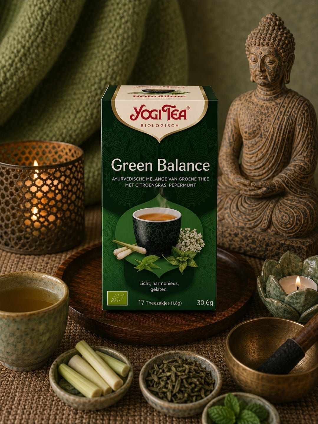 Een doos Yogi Tea Green Balance op een rustieke tafel met theebladeren, een kaars en een Boeddhabeeld.