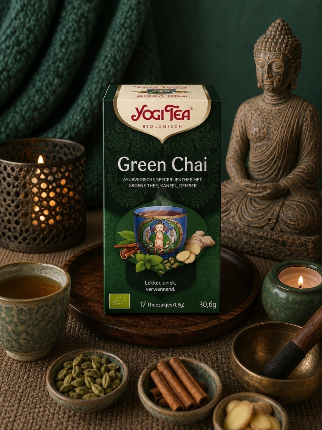 Een doos Yogi Tea Green Chai, omringd door theekopjes, kruiden, kaarsen en een Boeddhabeeld op een donkergroene achtergrond.