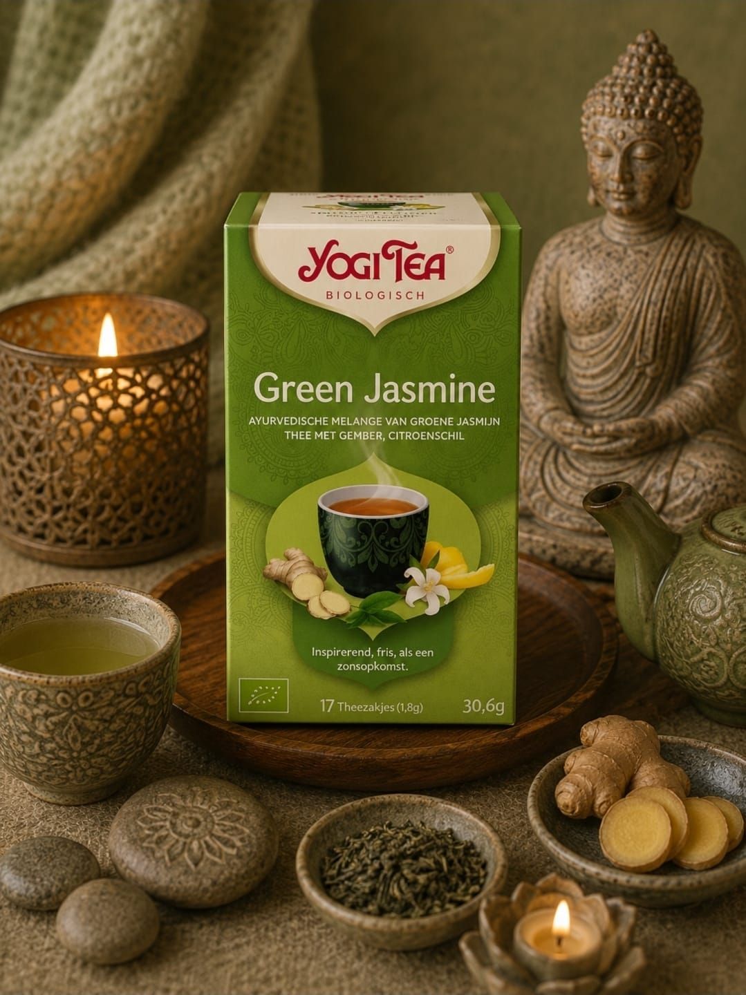 Een doos Yogi Tea Green Jasmine op een rustieke tafel met thee, stenen, kaarsen en een Boeddhabeeld.