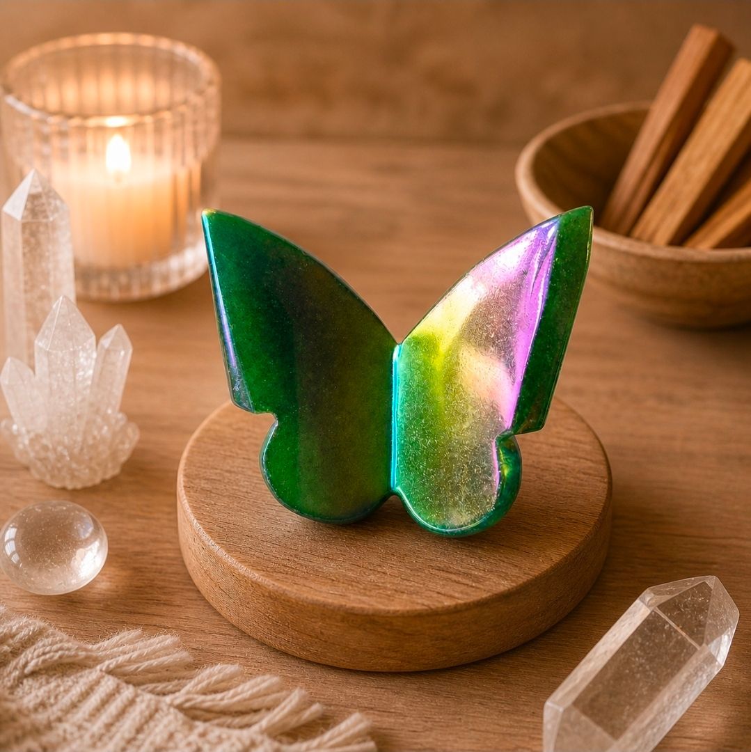 Een iriserend groen vlinderornament op een houten standaard, omringd door kaarsen en heldere kristallen.