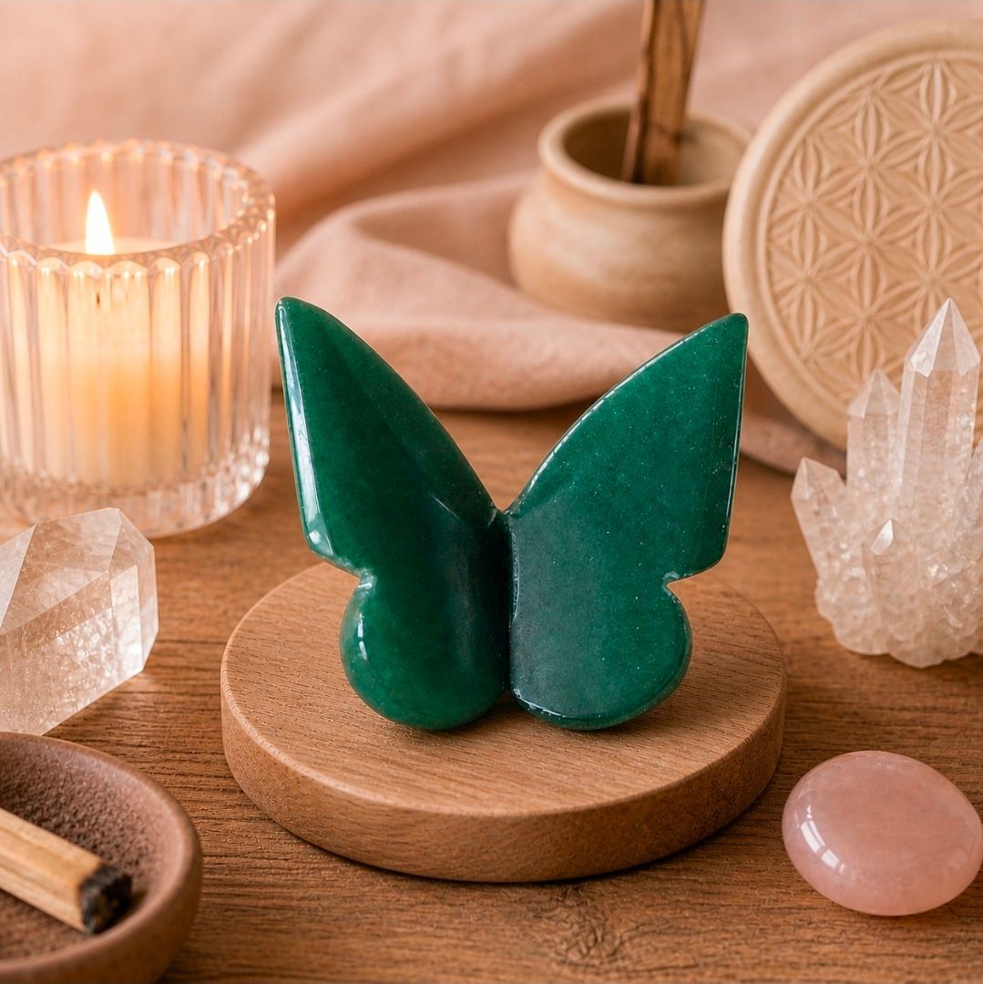 Groene vlinderfiguur op een houten dienblad met kaarsen en kristallen op een zachtroze ondergrond.