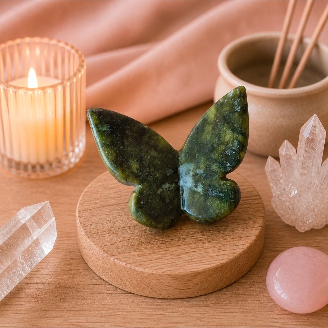 Kristallen sculptuur van een groene vlinder op een houten voetstuk