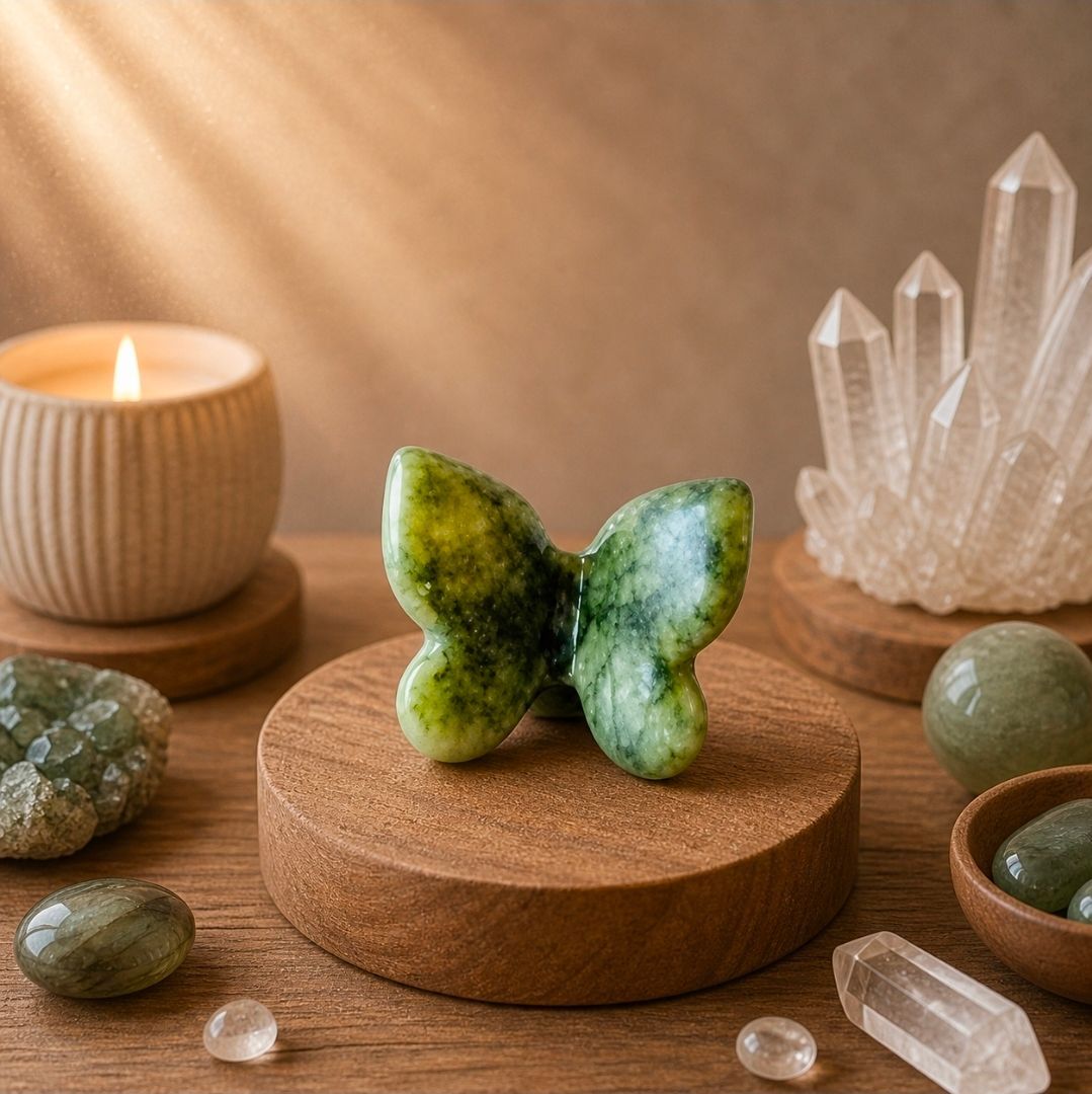 Groene, vlindervormige kristallen op een houten voetstuk met kaarsen, helder kwarts en gepolijste stenen.