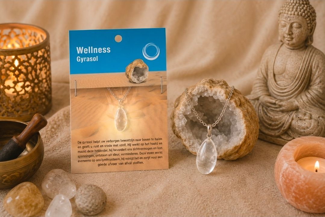Wellness-kristalkaart met stenen, kaarsen en een Boeddhabeeld op een beige stoffen achtergrond.