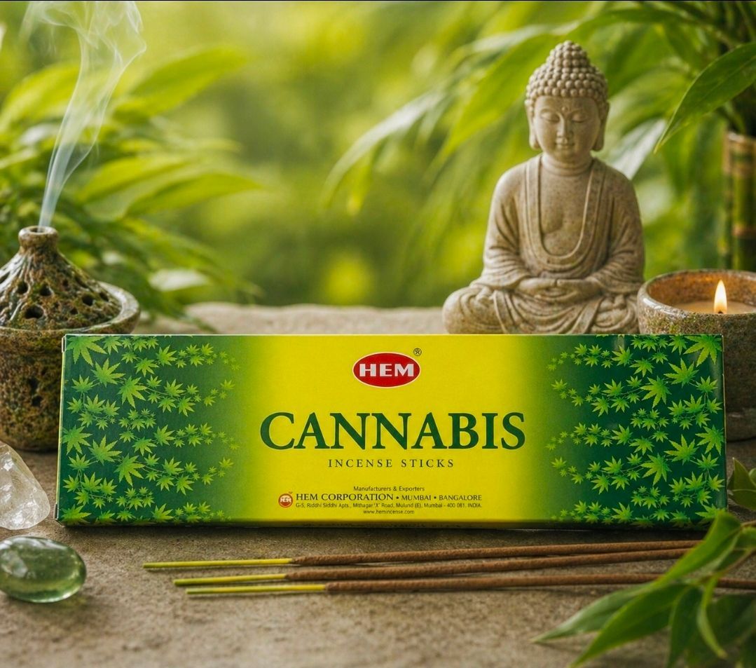 Een doosje met groene HEM cannabis wierook, een Boeddhabeeldje, kaarsen en wierookstokjes op een tafel met bladeren.