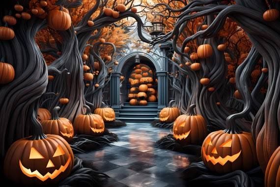 Een griezelige tunnel vol pompoenen met gloeiende pompoenlantaarns en een stenen boog aan het einde.