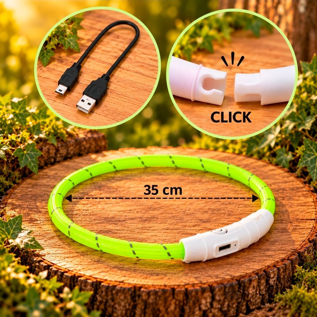 Flash LED Dog Collar USB TPU/Nylon Green, Trixie - 35 cm
