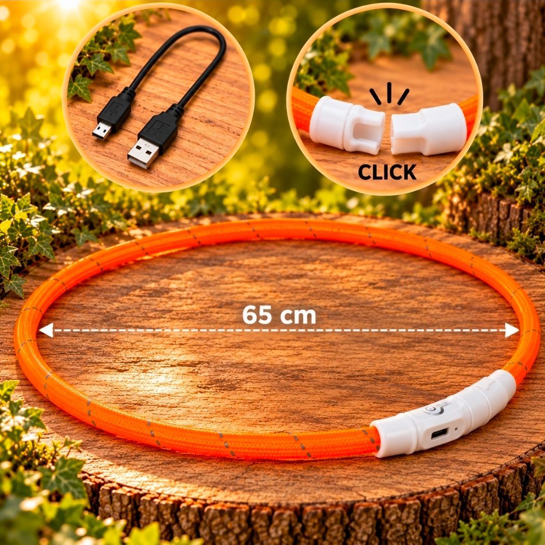Flash LED Dog Collar USB TPU/Nylon Orange, Trixie - 65 cm