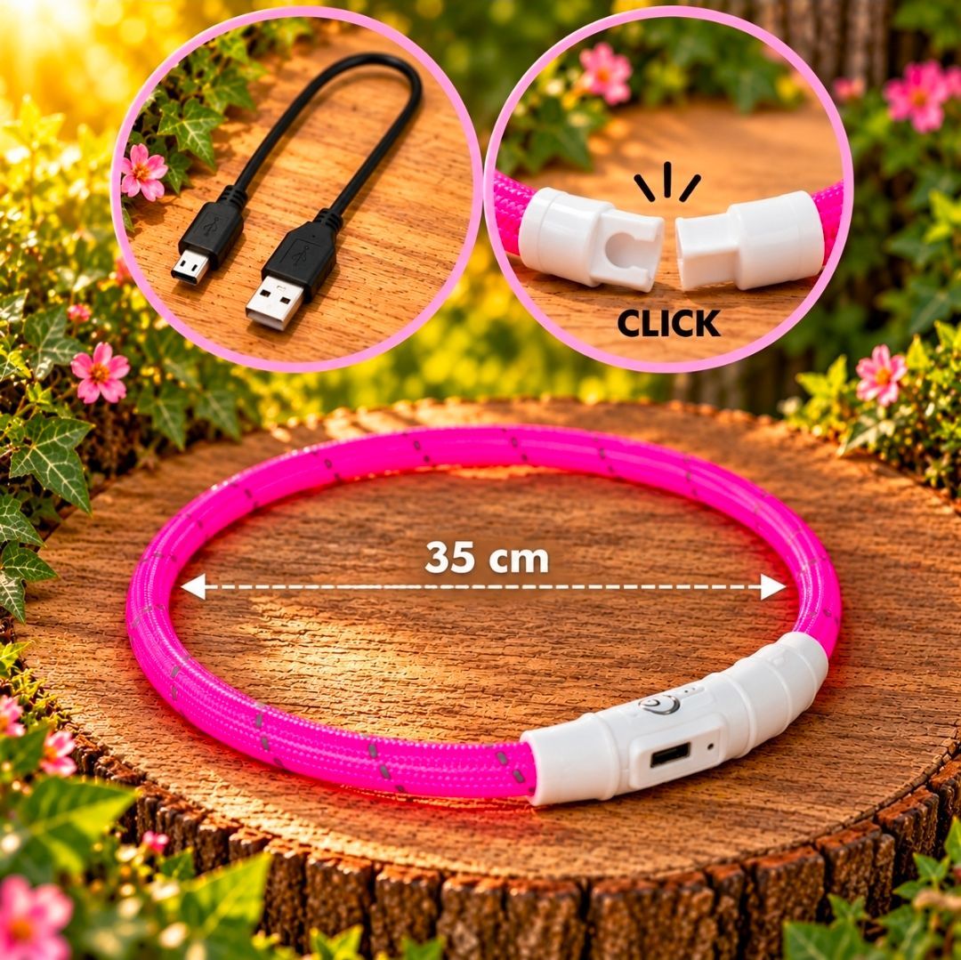 Flash Light-Up Dog Collar USB TPU/Nylon Pink, Trixie - 35 cm
