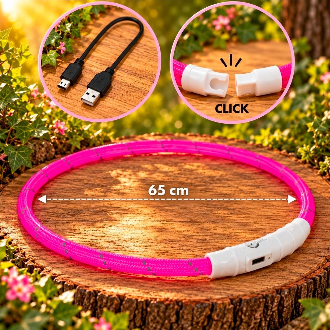 Trixie Flash LED Dog Collar, USB Rechargeable, TPU/Nylon, Pink - 65 cm