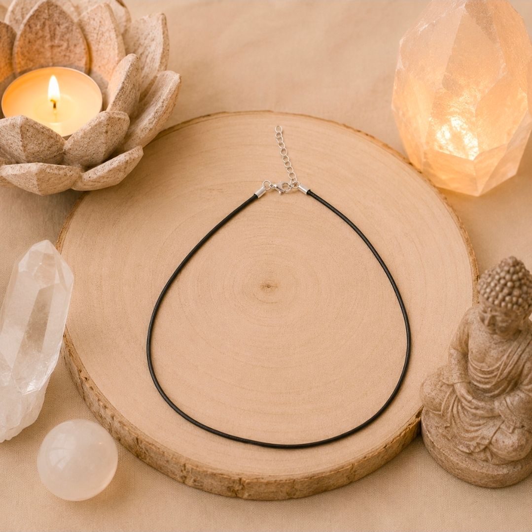 Zwarte koordketting op een houten dienblad met kaarsen, kristallen en een klein Boeddhabeeldje.