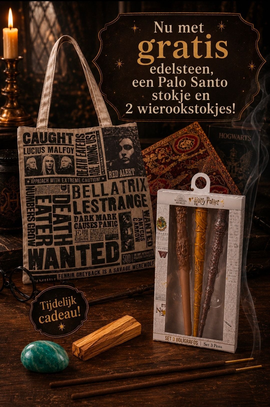 Harry Potter-cadeauset met kaars, mok, onderzetter en toverstaf op een donkere achtergrond met Nederlandse tekst.