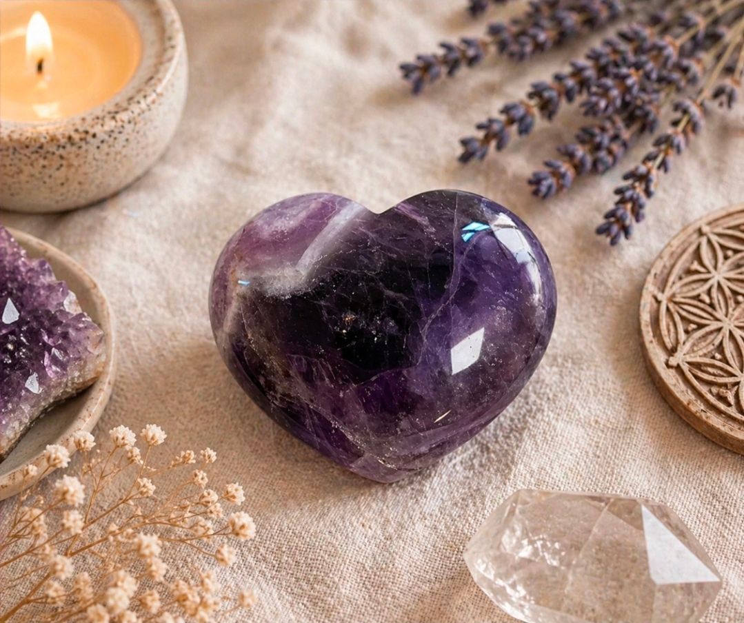 Een paarse hartvormige edelsteen op een tafel bij kaarslicht, met lavendel, kristallen en een decoratief schaaltje.