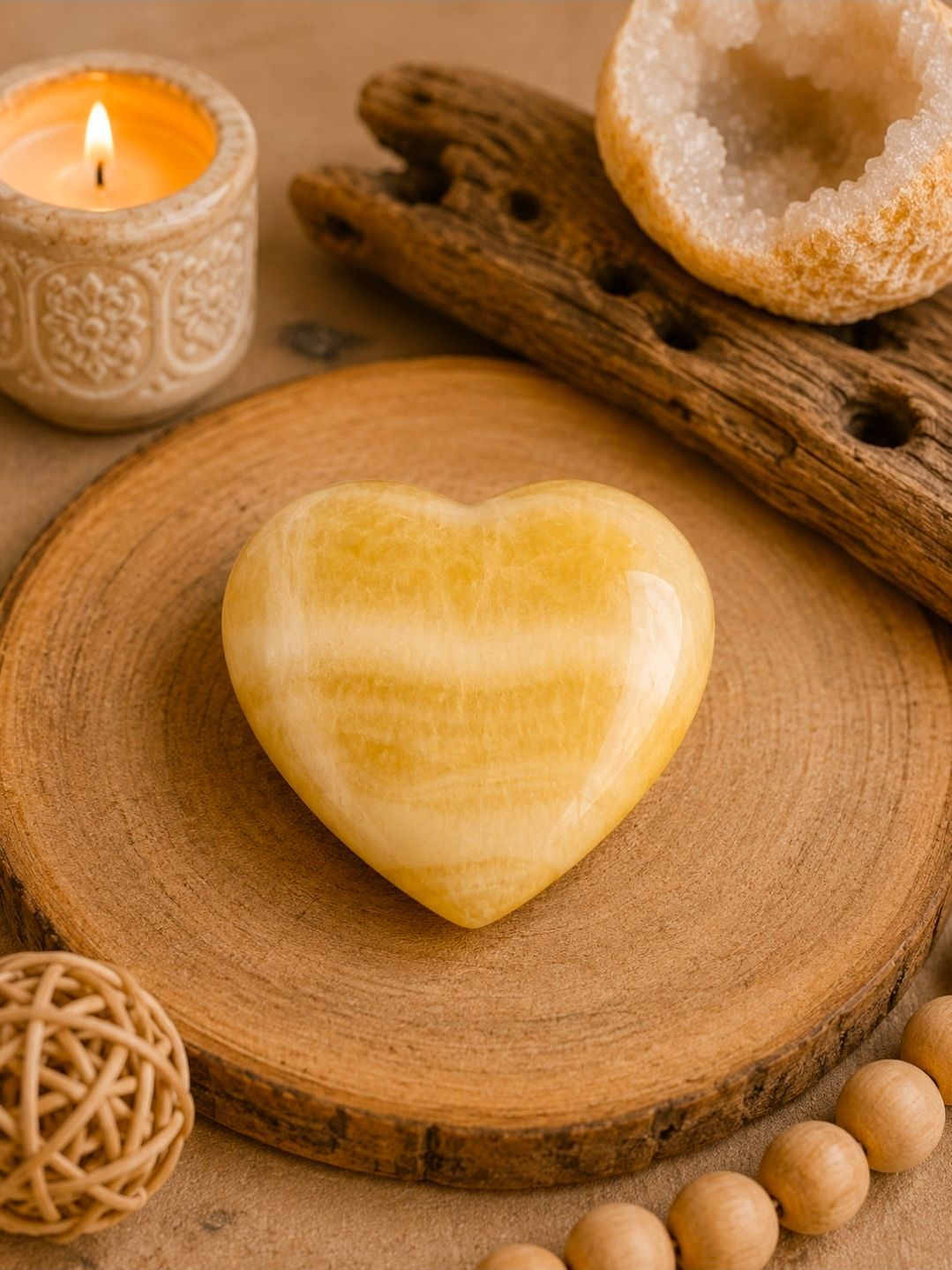 Hartvormige gele steen op een houten schijf met kaarsen, gedroogde takjes en decoratieve kralen.