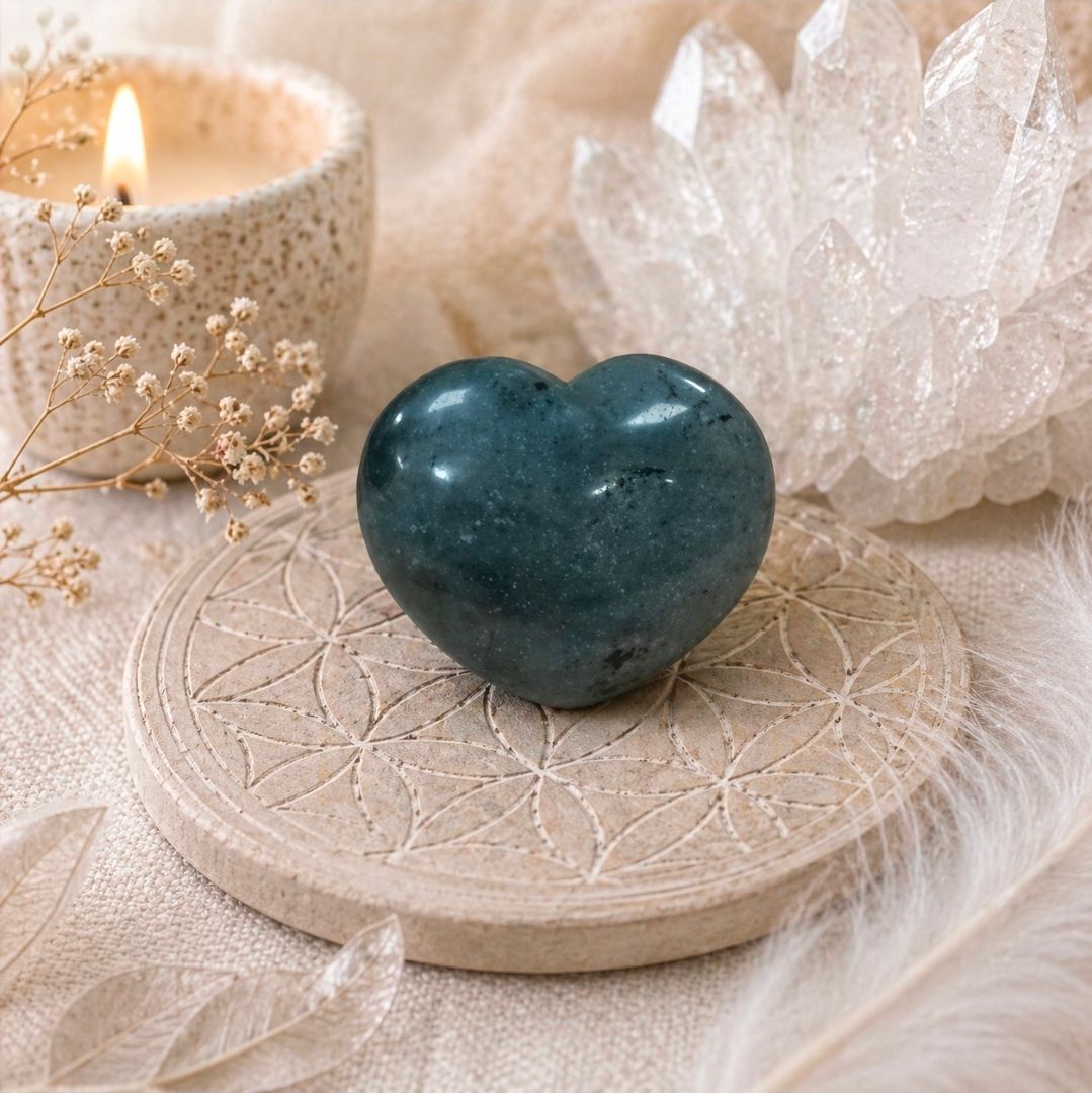 Een turquoise hartvormige steen op een gebeeldhouwde ronde onderzetter naast een kaars en witte kristallen decoratie.