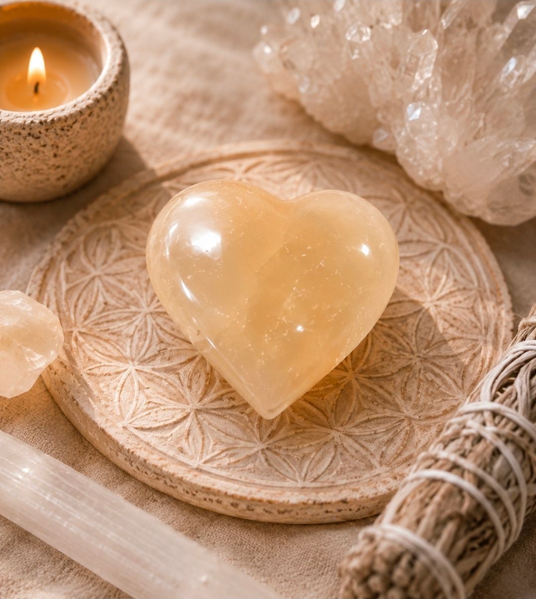 Hartvormig geel kristal op een gebeeldhouwd houten dienblad met een brandende kaars en bosjes witte salie.