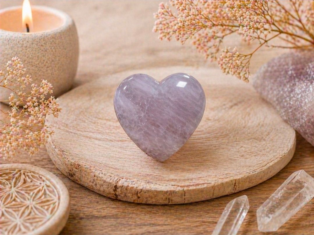 Kristallen hartje in lavendelkleur op een houten onderzetter, met kaarsen en gedroogde bloemen op een zachtbeige ondergrond.