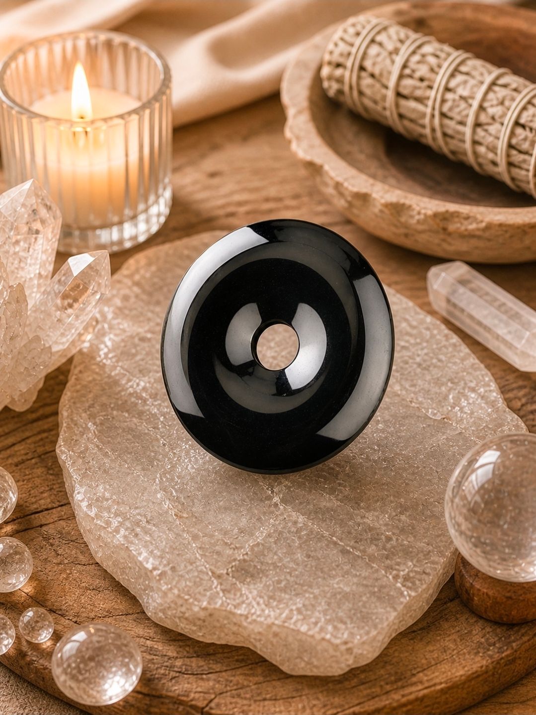 Zwarte etherische olie diffuser op een spa-plateau met kaarsen, kristallen en een opgerolde handdoek.