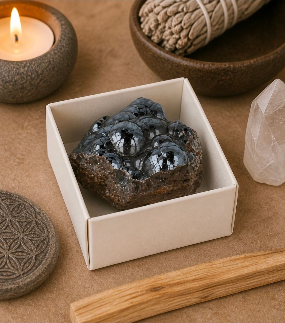 Een cluster van zwarte kristallen in een witte doos op een houten tafel met een brandende kaars en decoratieve stenen.