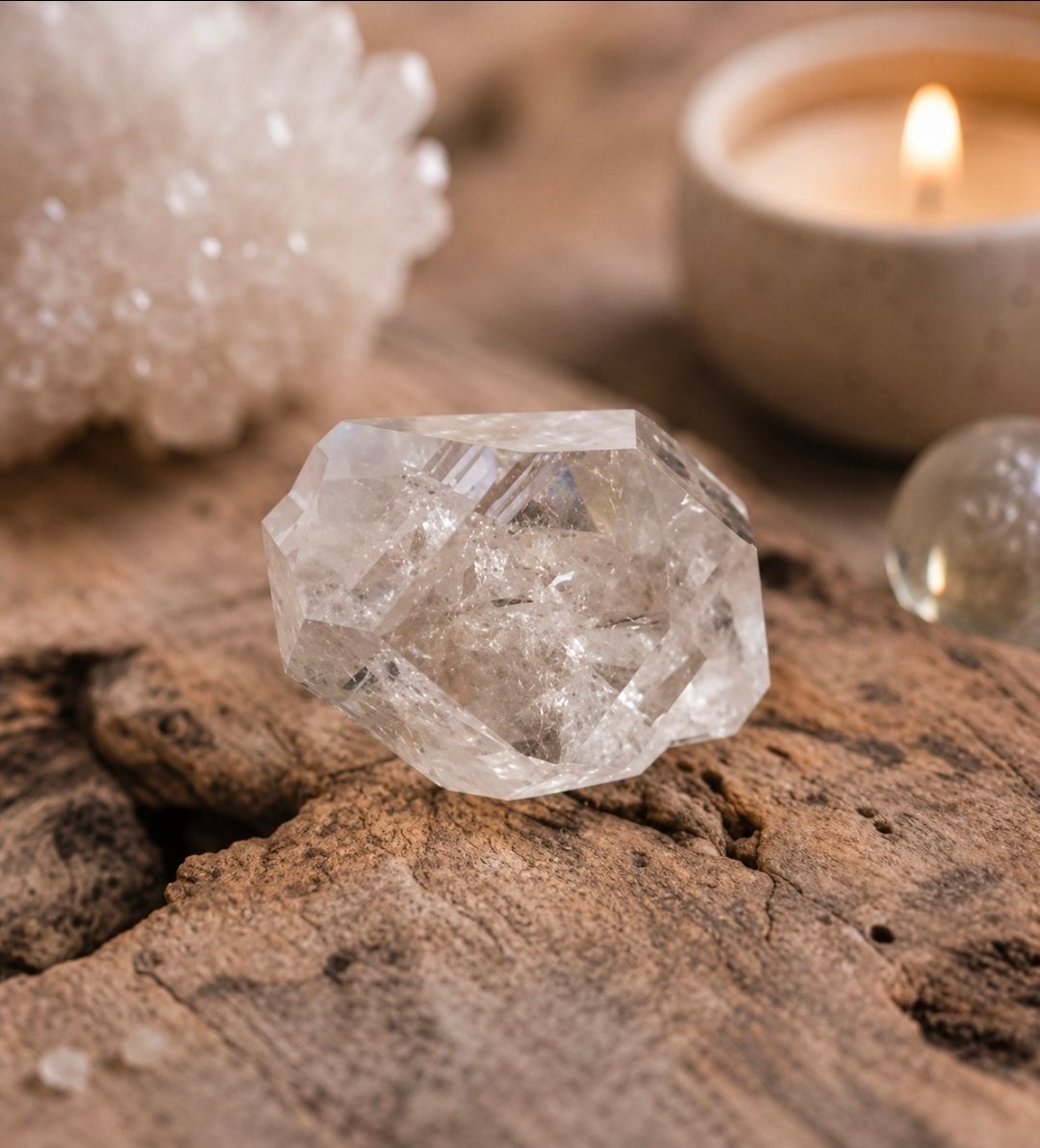 Helder gefacetteerd kristal op rustiek hout naast een brandende kaars en een zachte, witte mineralencluster.