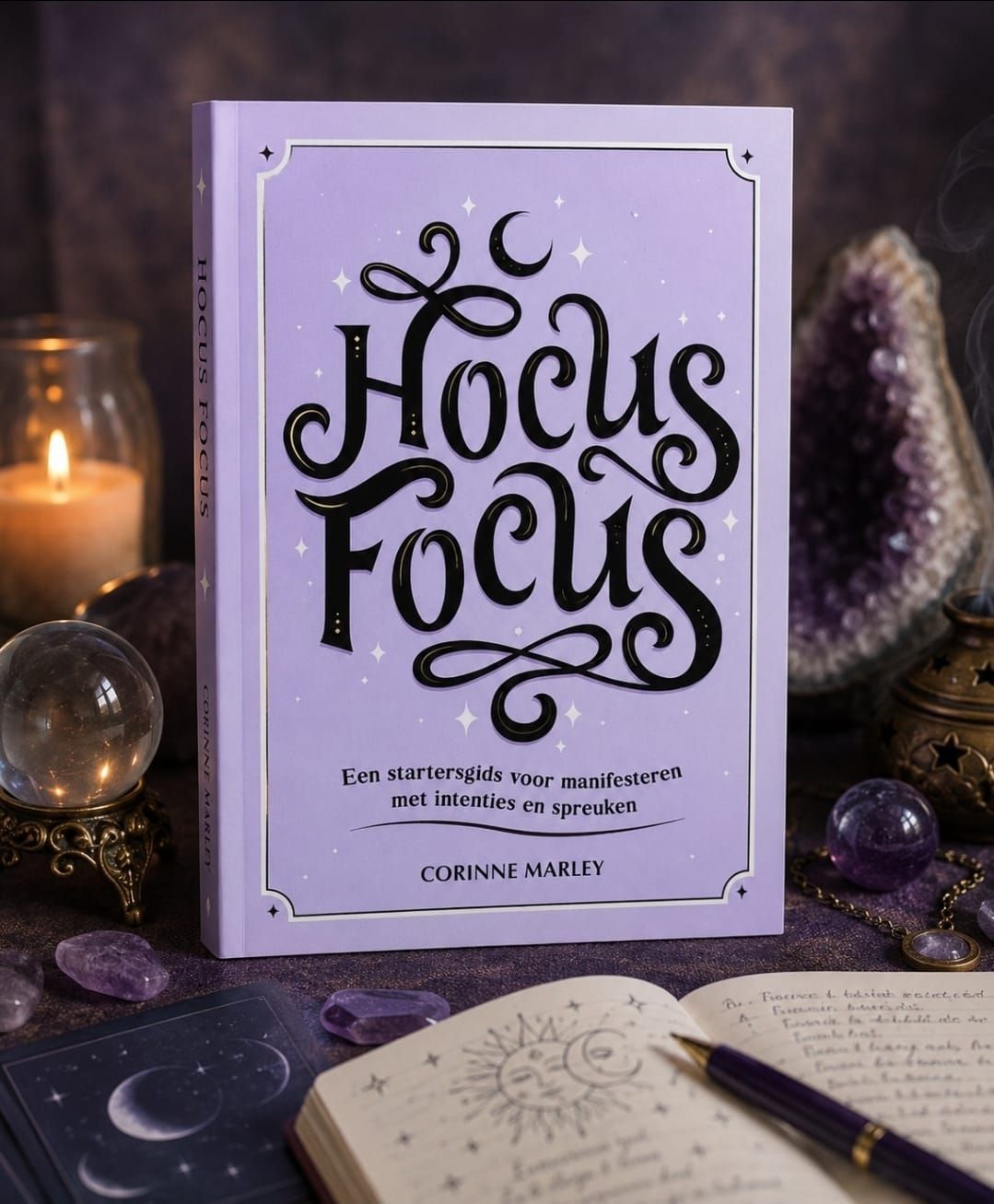 Het boek Lavender Hocus Pocus, omringd door kristallen, kaarsen en tarotkaarten op een mystieke tafel.