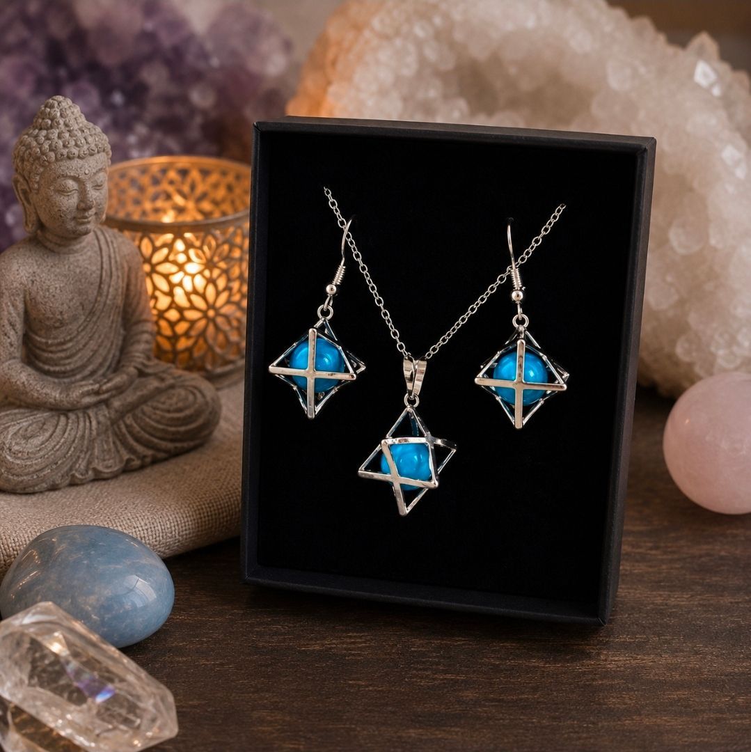 Een ketting en oorbellen met blauwe edelstenen in een zwarte vitrine, naast een Boeddhabeeld en kristallen.