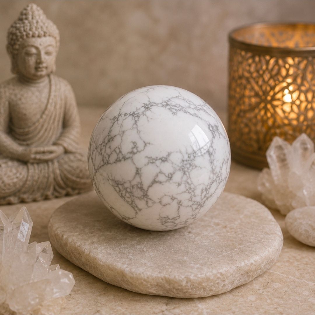 Een witte marmeren bol op een beige stenen schaal met kristallen, een Boeddhabeeld en een brandende kaars in een serene omgeving.
