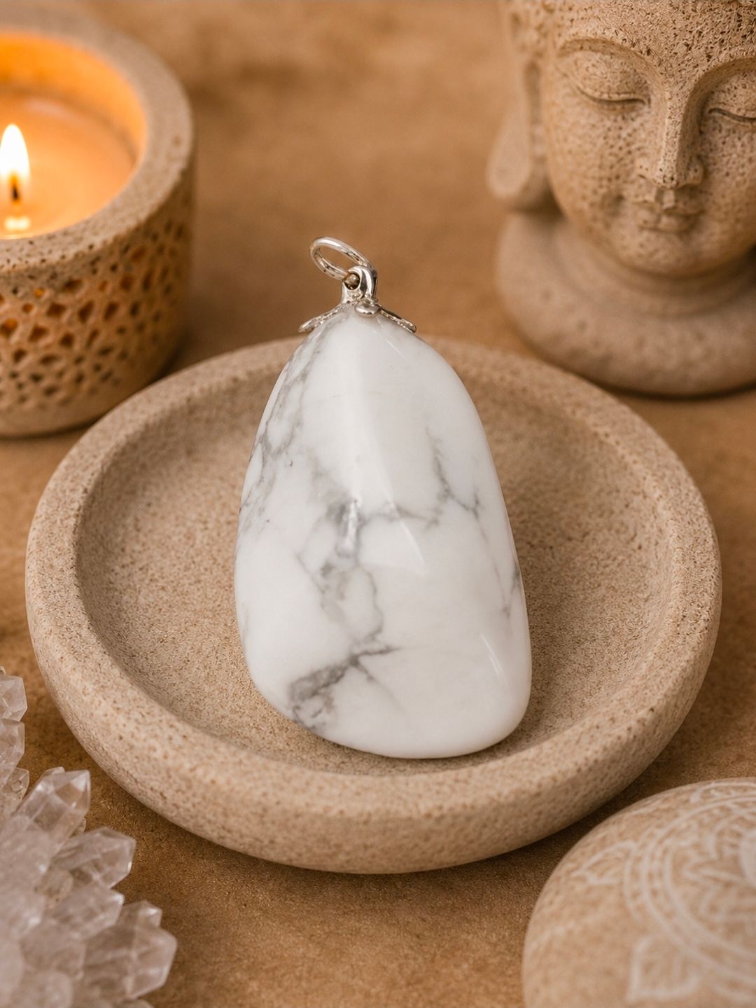 Witte marmeren hanger op een beige schaal met kaarsen, kristallen en een Boeddhabeeld op de achtergrond.