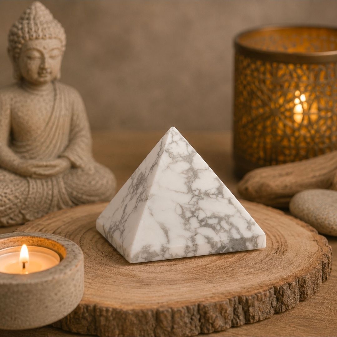 Boeddhabeeldje, brandende kaars en marmeren piramide op een houten plank met een warme lamp op de achtergrond.