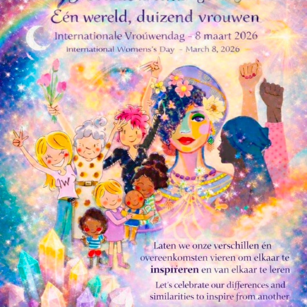 Poster voor Internationale Vrouwendag met kleurrijke abstracte vrouwenfiguren en Nederlands/Franse tekst over gelijkheid.