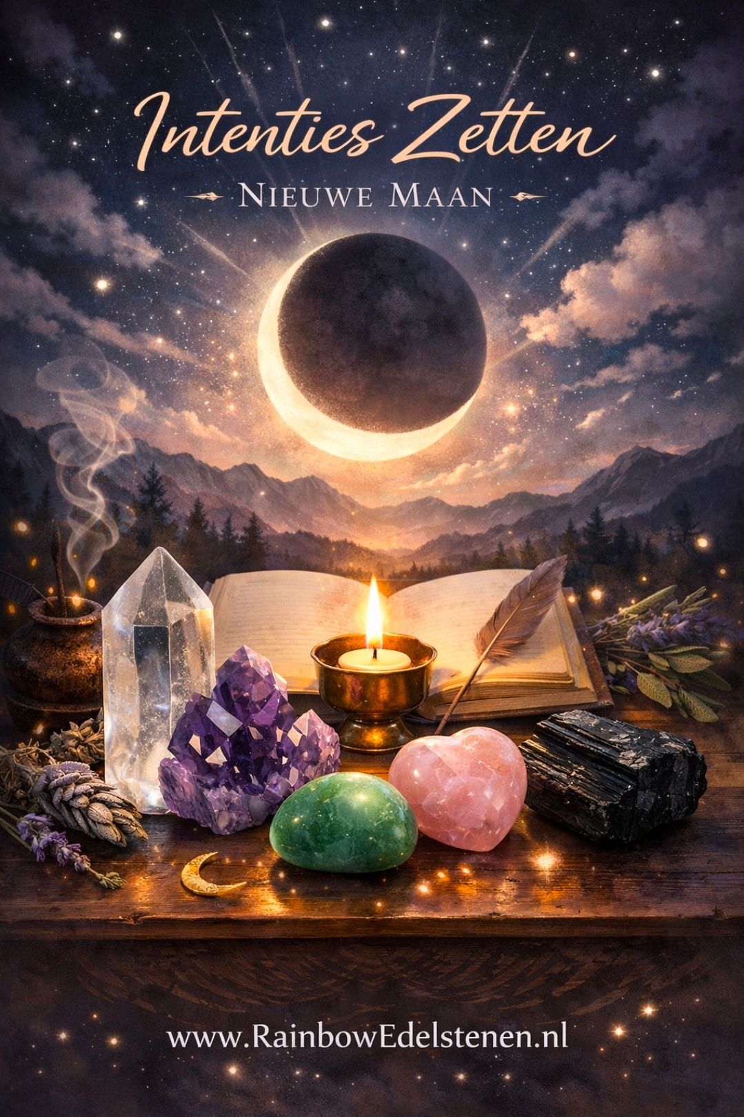 Crystal, candle, crystals and stones under a glowing moon with Dutch text “Intenties Zetten – Nieuwe Maan”