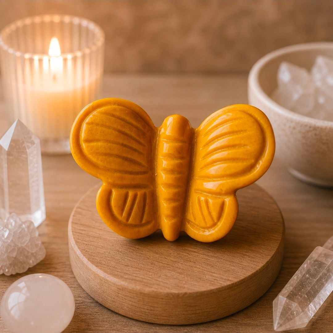 Een oranje, vlindervormig object op een houten standaard, omringd door kristallen en een kaars in warm licht.