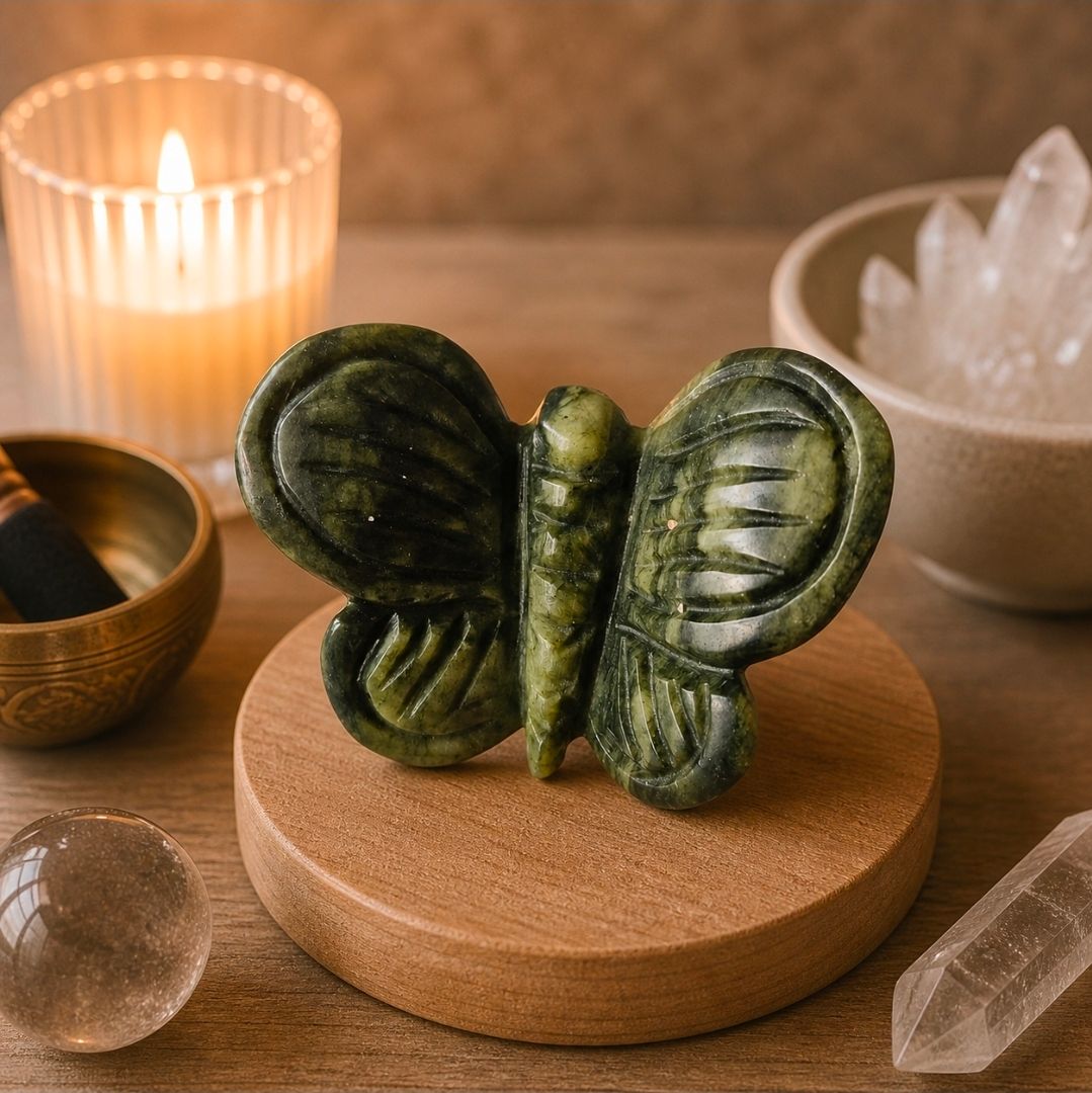 Groene, vlindervormige stenen sculptuur op een houten sokkel, omringd door kaarsen en kristallen.