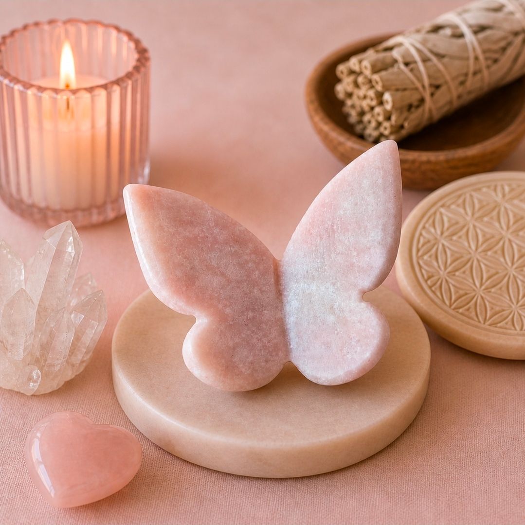Roze, vlindervormige decoratieve zeep met kaars en kristallen op een zachtbeige ondergrond.