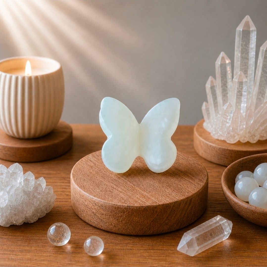 Beeldje van een witte vlinder op een kurken voetstuk met kristallen, een kaars en zacht zonlicht op een houten ondergrond.