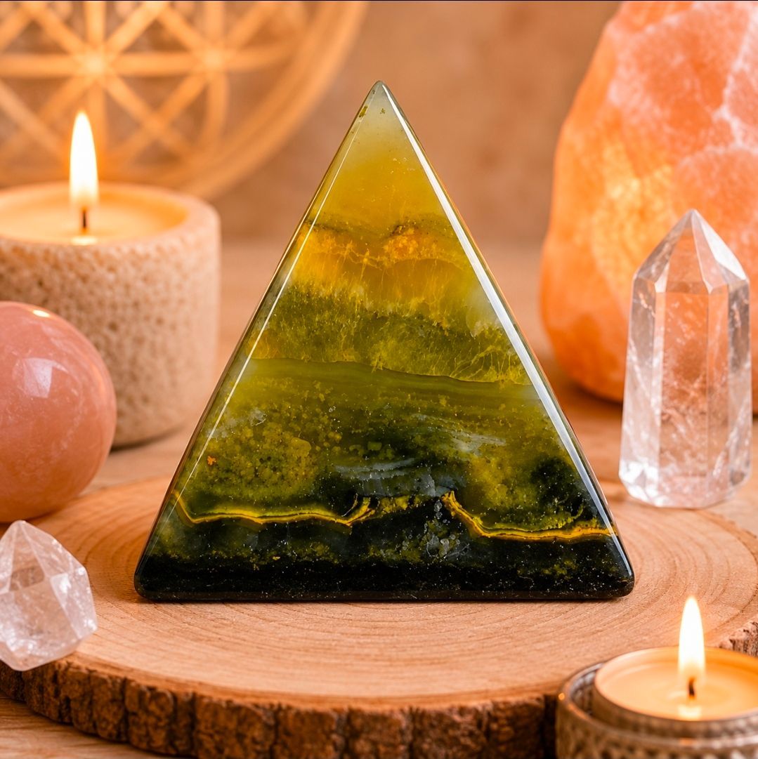 Groene piramidekristal op een houten schijf met kaarsen en andere kristallen in warm licht.
