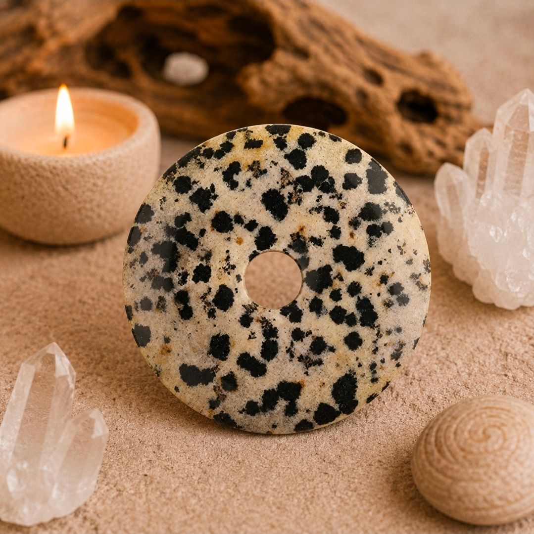 Een ring van gespikkelde stenen op zand met kristallen, een brandende kaars en een achtergrond van drijfhout.